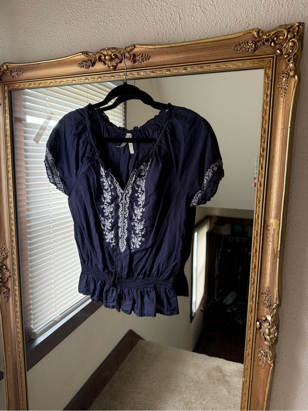 Navy Blouse with Floral Embroidery